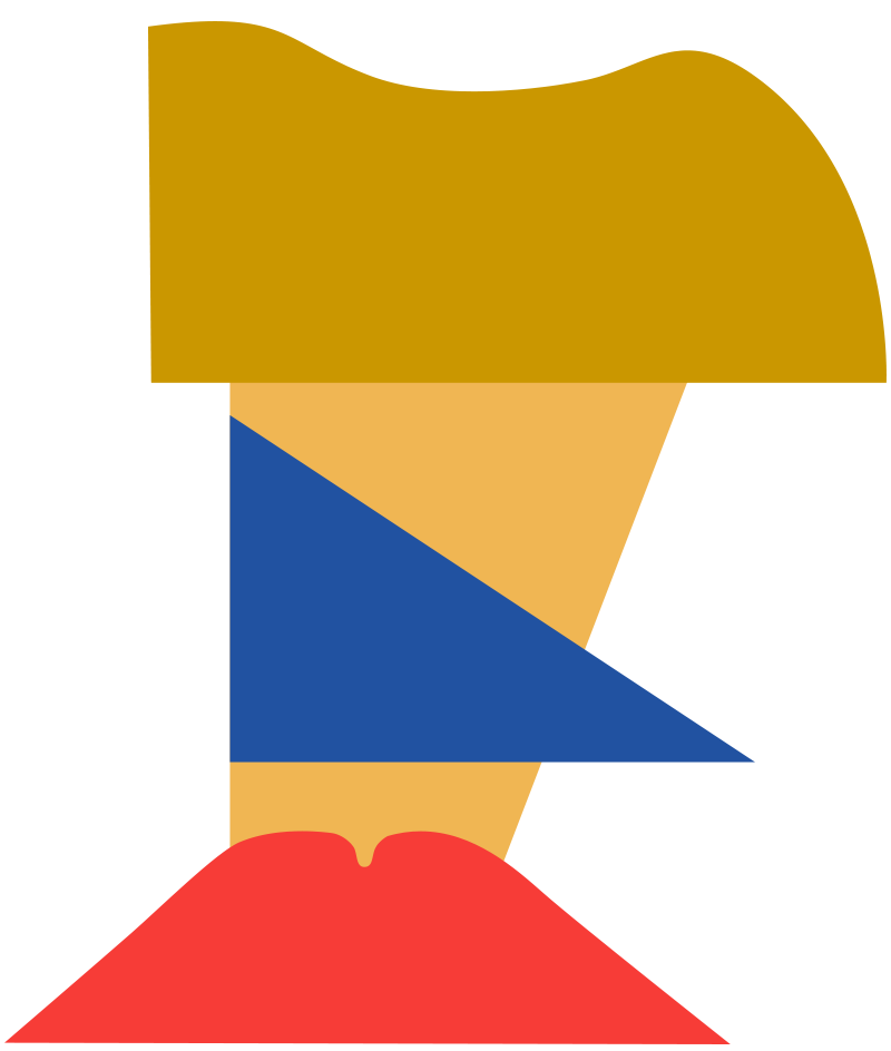 Abstrakte Komposition, symbolisiert das Gesischt des Menschen – Helbraune Figur symbolisiert Haare, Gelbes Viereck symbolisiert das gesicht, blaues Dreieck symbolisiert das Auge, die rote Figur symbolisiert offensichtlich die Lippen